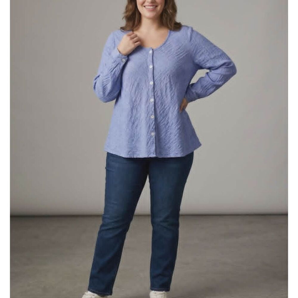 Flax Linen Textured Light Blue V-Neck Button Front Lagenlook Plus Top Blouse